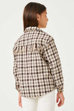 GN4239 BROWN Girls Textured Checker Side Pocket Shacket Back