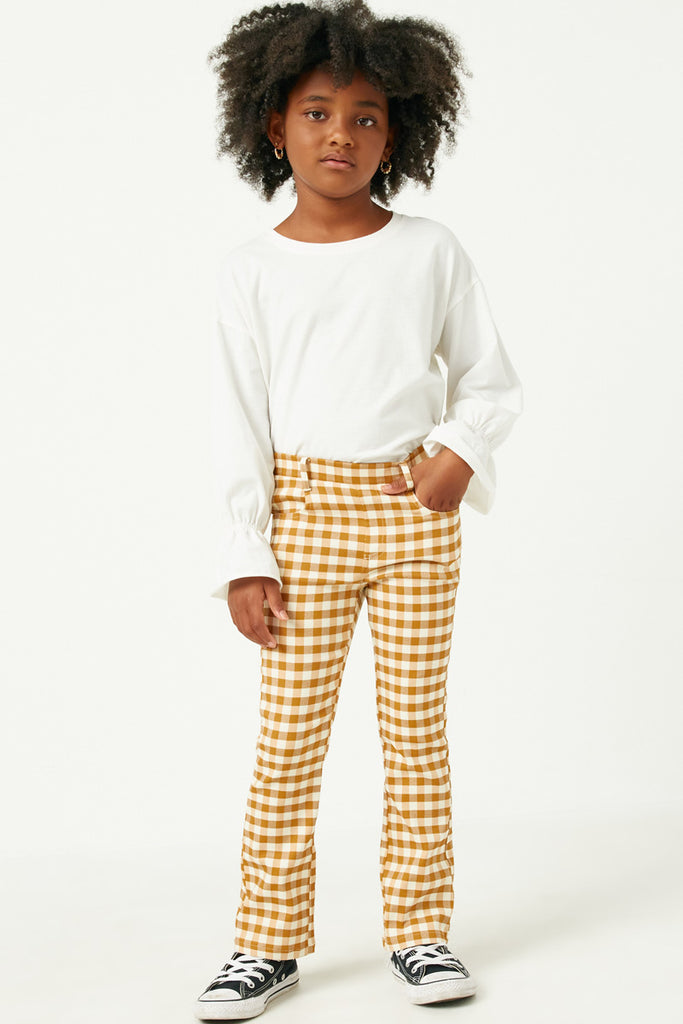 GN4257 MUSTARD Girls Button Closure Stretch Checkered Pants Full Body