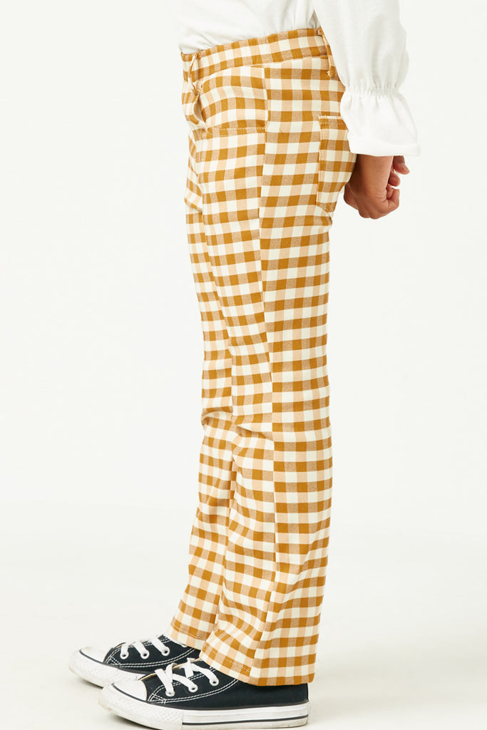 GN4257 MUSTARD Girls Button Closure Stretch Checkered Pants Side