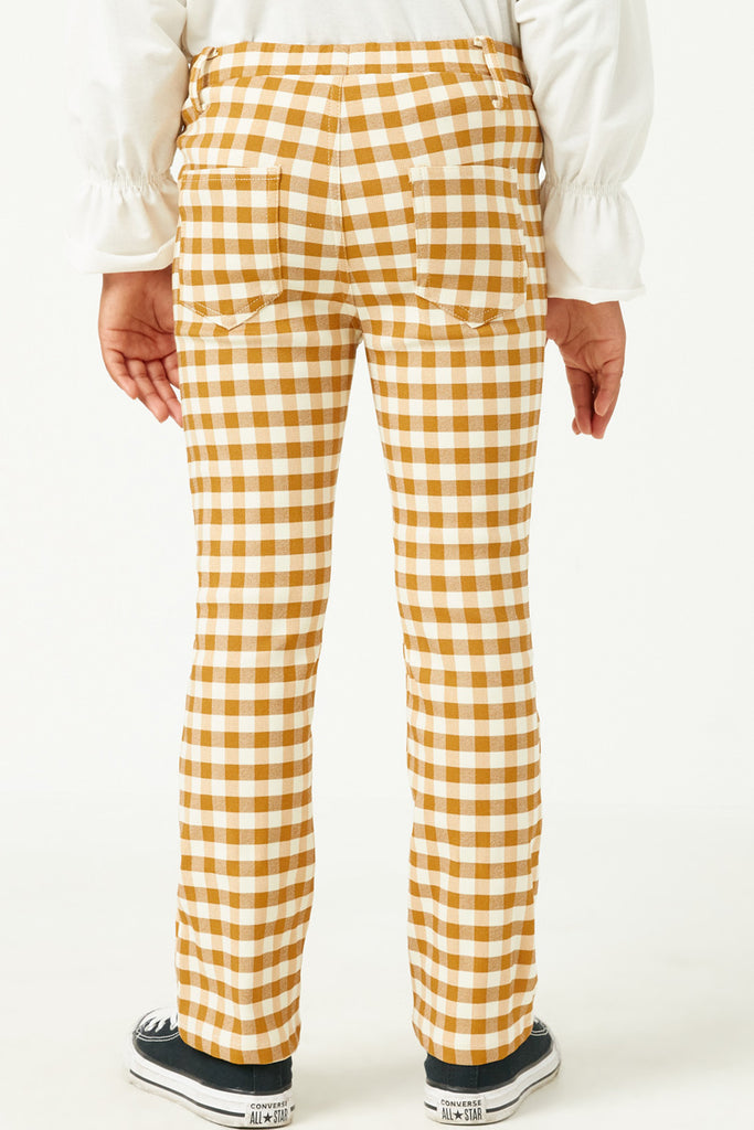 GN4257 MUSTARD Girls Button Closure Stretch Checkered Pants Back