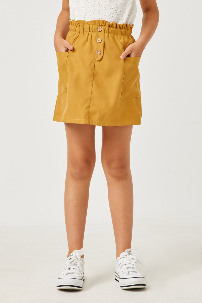 GN4268 MUSTARD Girls Brushed Button Detail Patch Pocket Paper bag Skirt Front