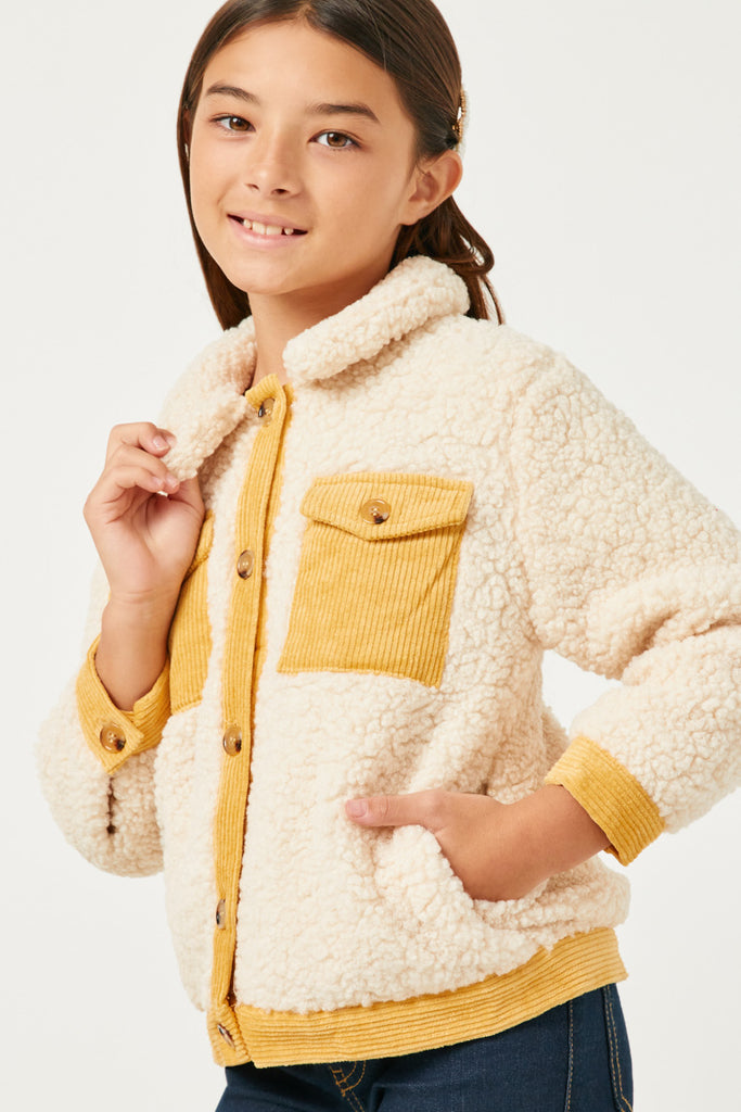 GN4284 CREAM Girls Contrast Corduroy Trimmed Button Up Sherpa Jacket Detail
