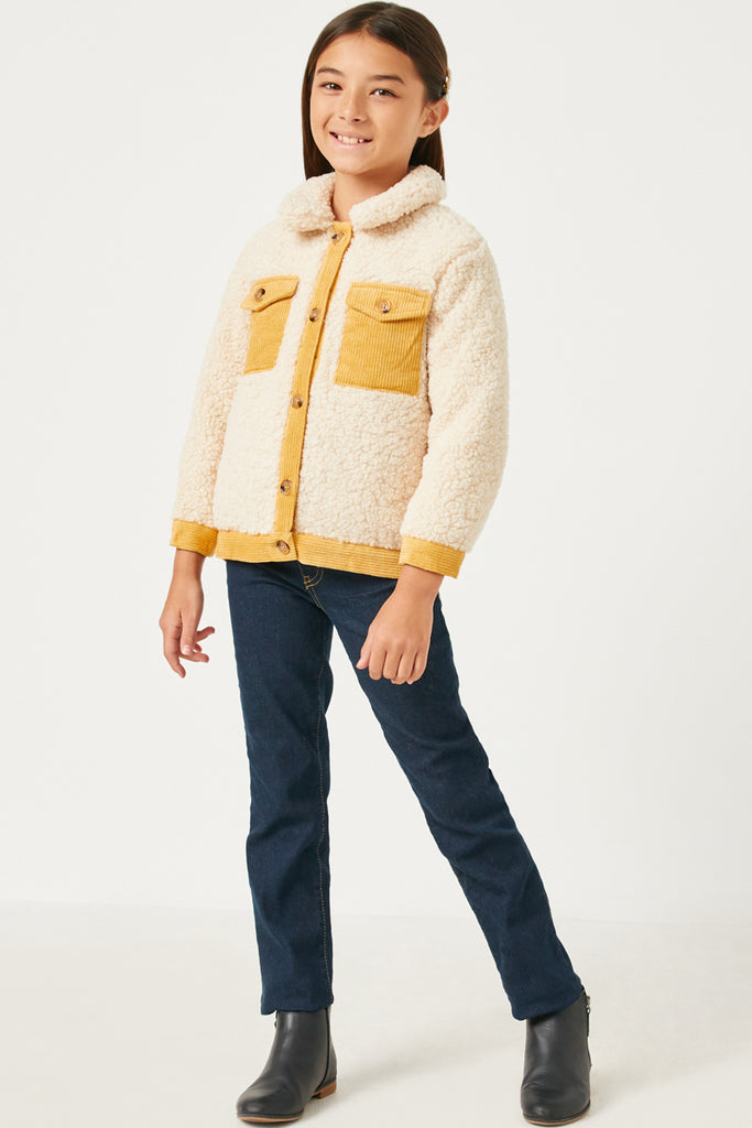 GN4284 CREAM Girls Contrast Corduroy Trimmed Button Up Sherpa Jacket Full Body