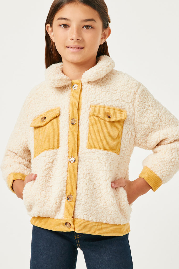 GN4284 CREAM Girls Contrast Corduroy Trimmed Button Up Sherpa Jacket Front