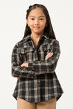 GN4285 BLACK Girls Heavy Plaid Patch Pocket Shacket Front