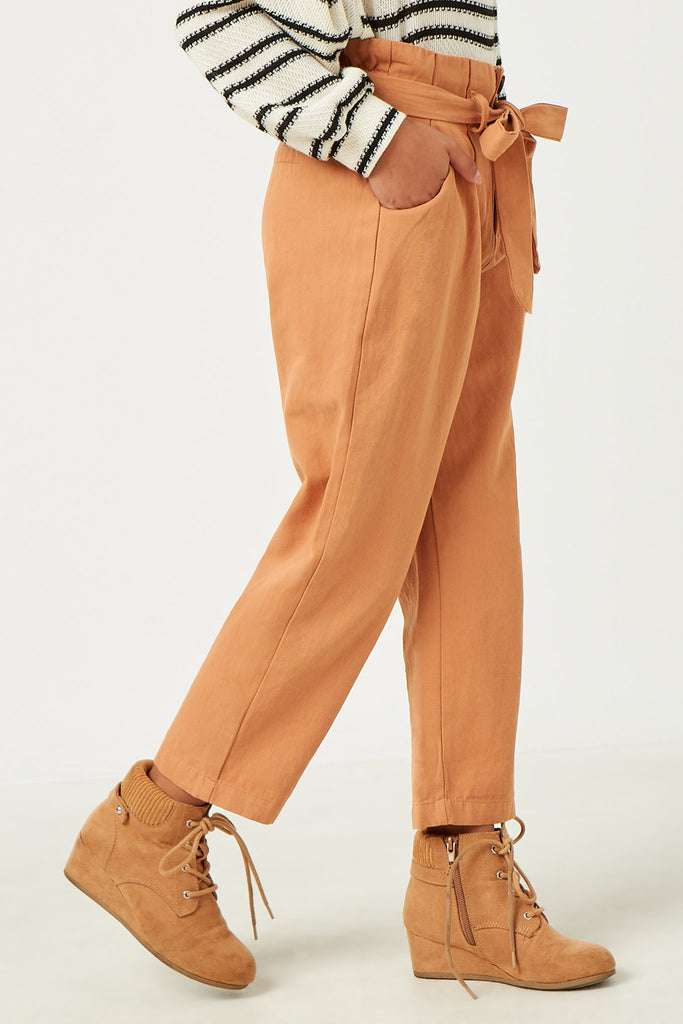 GN4328 CAMEL Girls Pleated Paperbag Waist Pant with Belt Side
