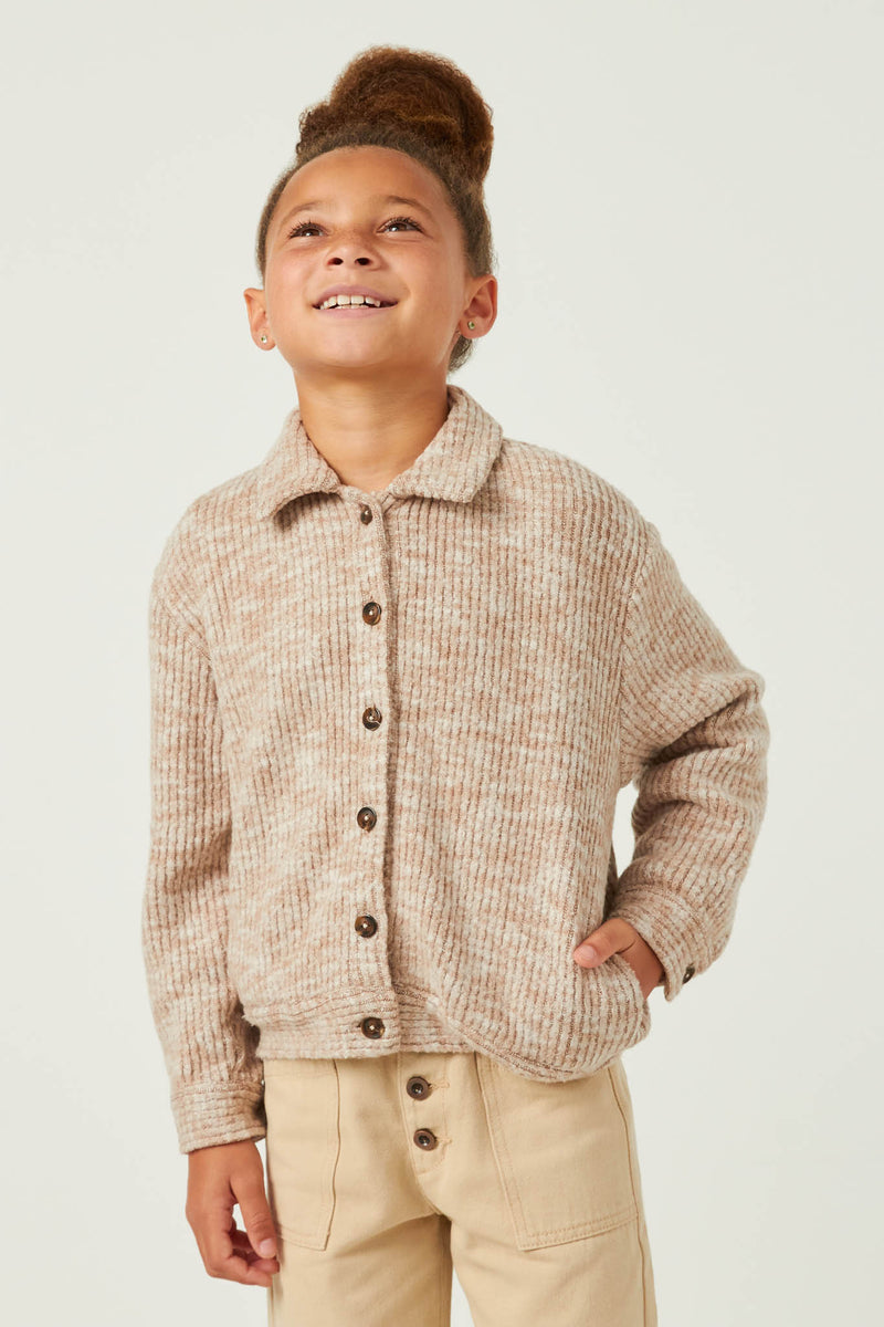 GN4345 OATMEAL Girls Marled Rib Button Up Knit Jacket Front