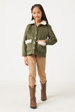 GN4359 OLIVE Girls Fleece Fur Trimmed Corduroy Sherpa Jacket Front