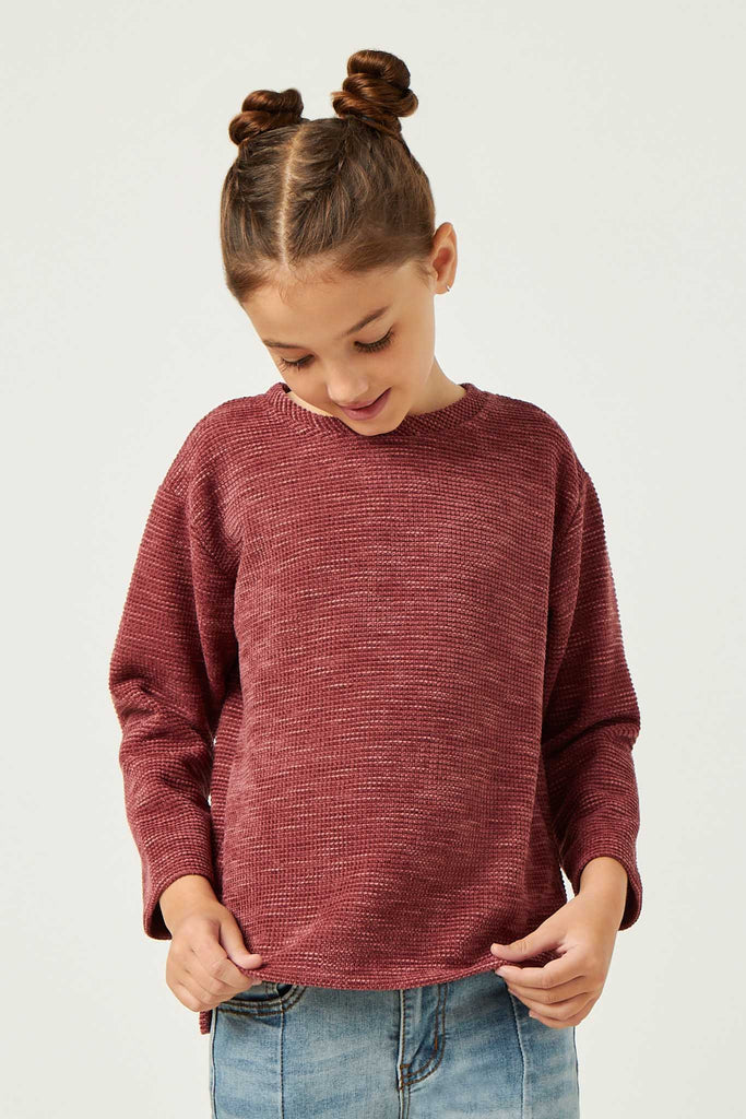 GN4446 MAUVE Girls Textured Waffle Chenille Long Sleeve Top Detail