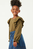 GN4455 OLIVE Girls Soft French Terry Cuffed Ruffled Long Sleeve Top Side