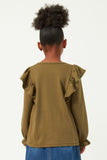 GN4455 OLIVE Girls Soft French Terry Cuffed Ruffled Long Sleeve Top Back