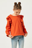 GN4455 RUST Girls Soft French Terry Cuffed Ruffled Long Sleeve Top Front