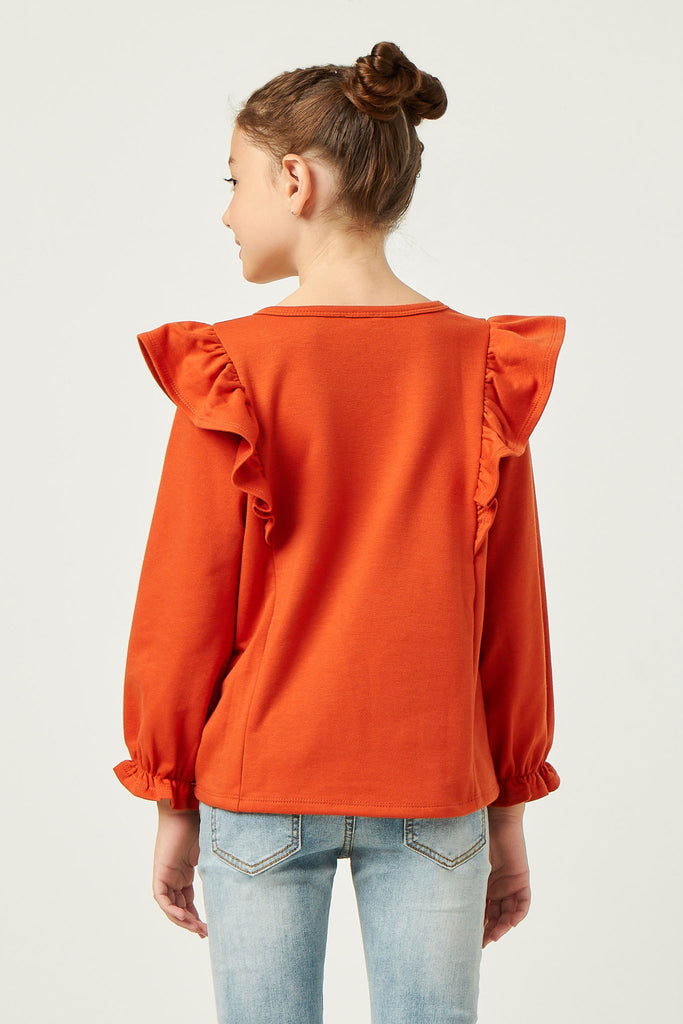 GN4455 RUST Girls Soft French Terry Cuffed Ruffled Long Sleeve Top Back