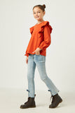 GN4455 RUST Girls Soft French Terry Cuffed Ruffled Long Sleeve Top Side