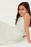 GN4614 Sage Girls Textured Checker Tie Front Smocked Waist Tank Dress Pose