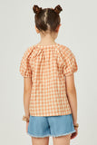 GN4689 Peach Girls Gingham Button Detail Puff Sleeve Scoop Neck Top Back