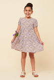 GN4703 LAVENDER Girls Ditsy Floral Tiered Puff Sleeve V Neck Dress Full Body