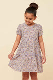 GN4703 LAVENDER Girls Ditsy Floral Tiered Puff Sleeve V Neck Dress Front