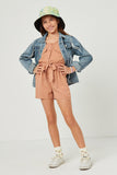 GN4708 MAUVE Girls Button Up Belted Tank Romper Full Body