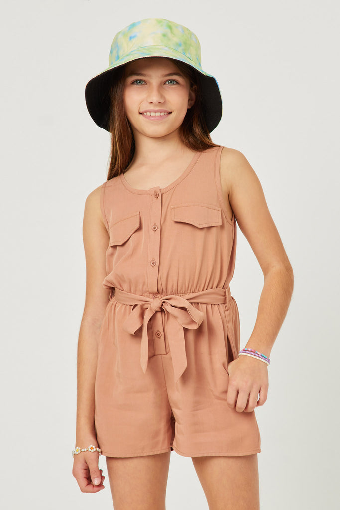 GN4708 MAUVE Girls Button Up Belted Tank Romper Front