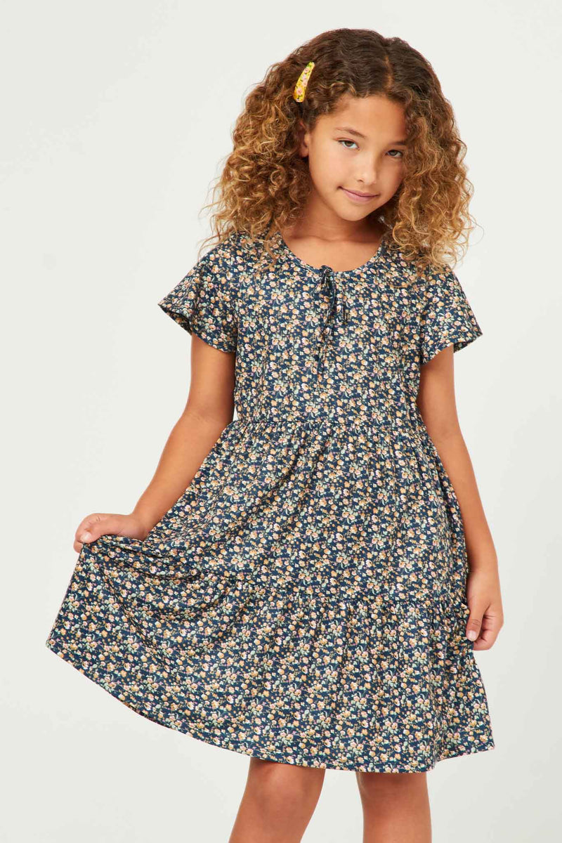 GN4709 NAVY Girls Ditsy Floral Knit Tie Neck Dress Front