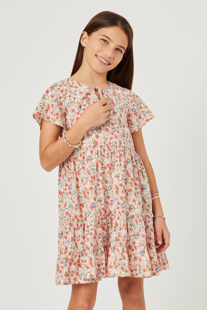 GN4732 PINK Girls Floral Print Tiered Tie Detail Dress Front
