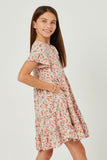 GN4732 PINK Girls Floral Print Tiered Tie Detail Dress Side