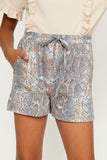 GY1119 TAUPE Snakeskin Drawstring Shorts Front Detail