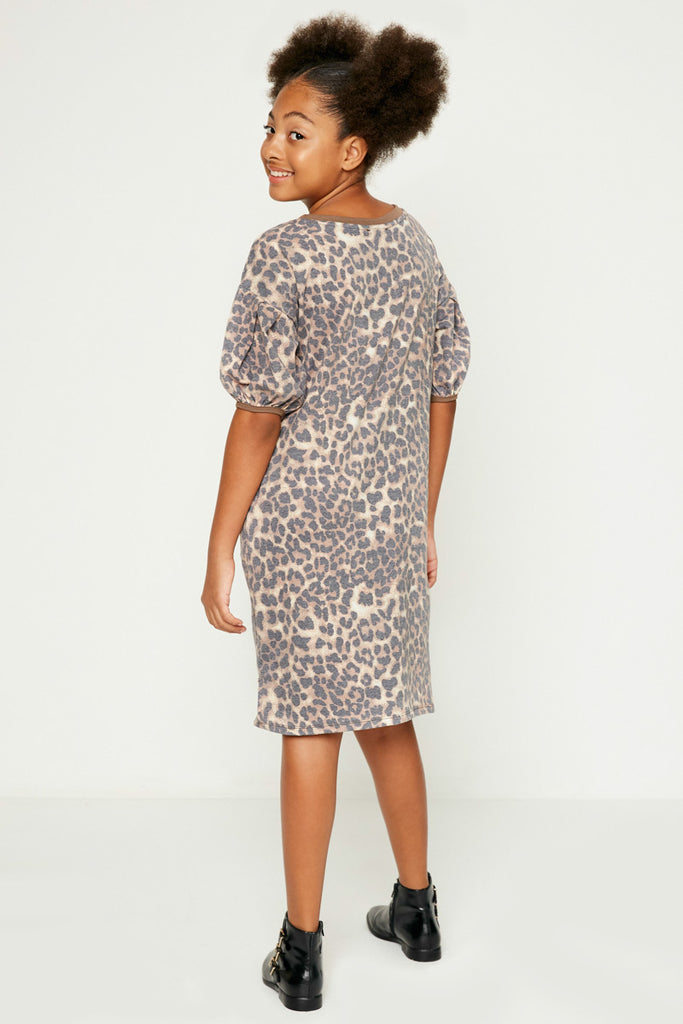 GY1129-BROWN Leopard Print Puff Sleeve Dress Back