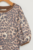 GY1129-BROWN Leopard Print Puff Sleeve Dress Front Detail