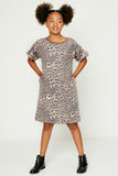 GY1129-BROWN Leopard Print Puff Sleeve Dress Full