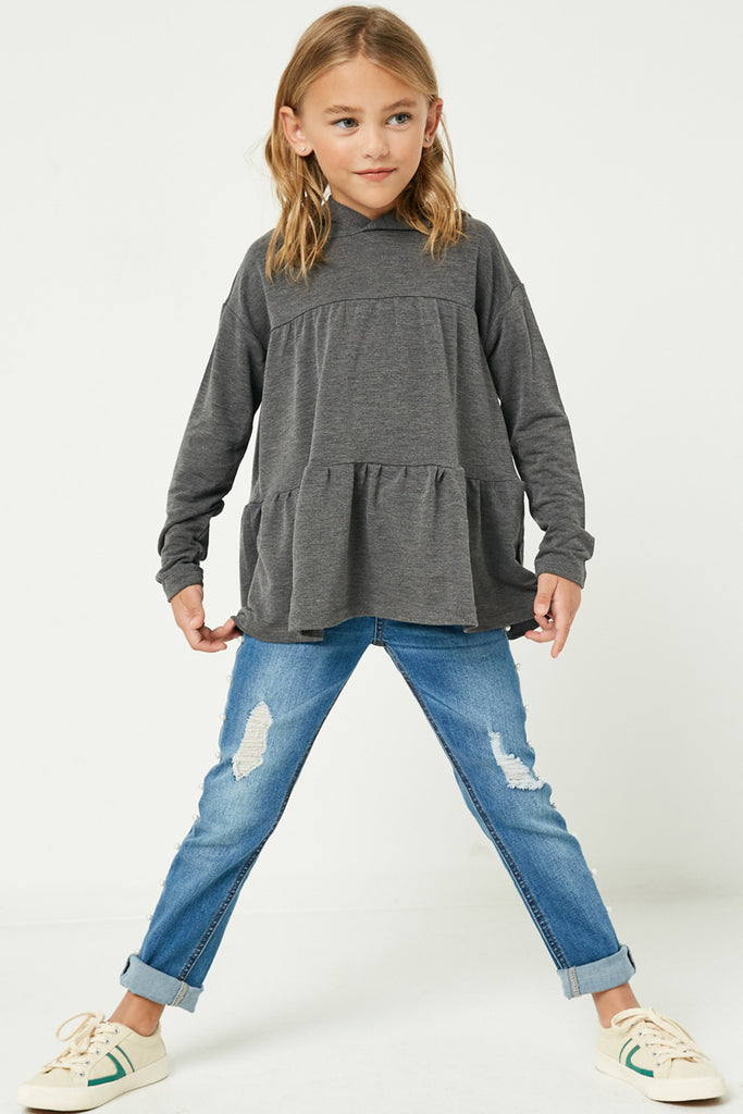 GY1156 CHARCOAL Girls Hooded Tiered French Terry Top Full Body