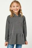 GY1156 CHARCOAL Girls Hooded Tiered French Terry Top Front