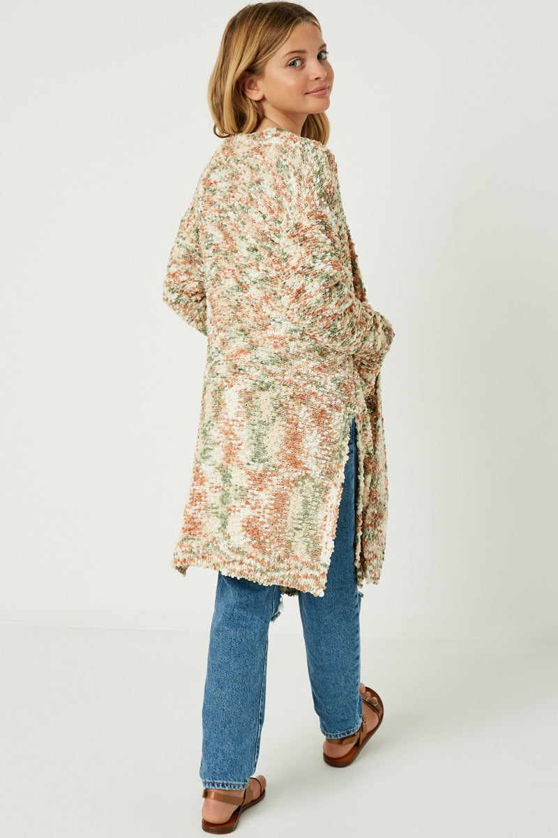 GY1269 Popcorn Knit Sweater Long Cardigan Olive Back