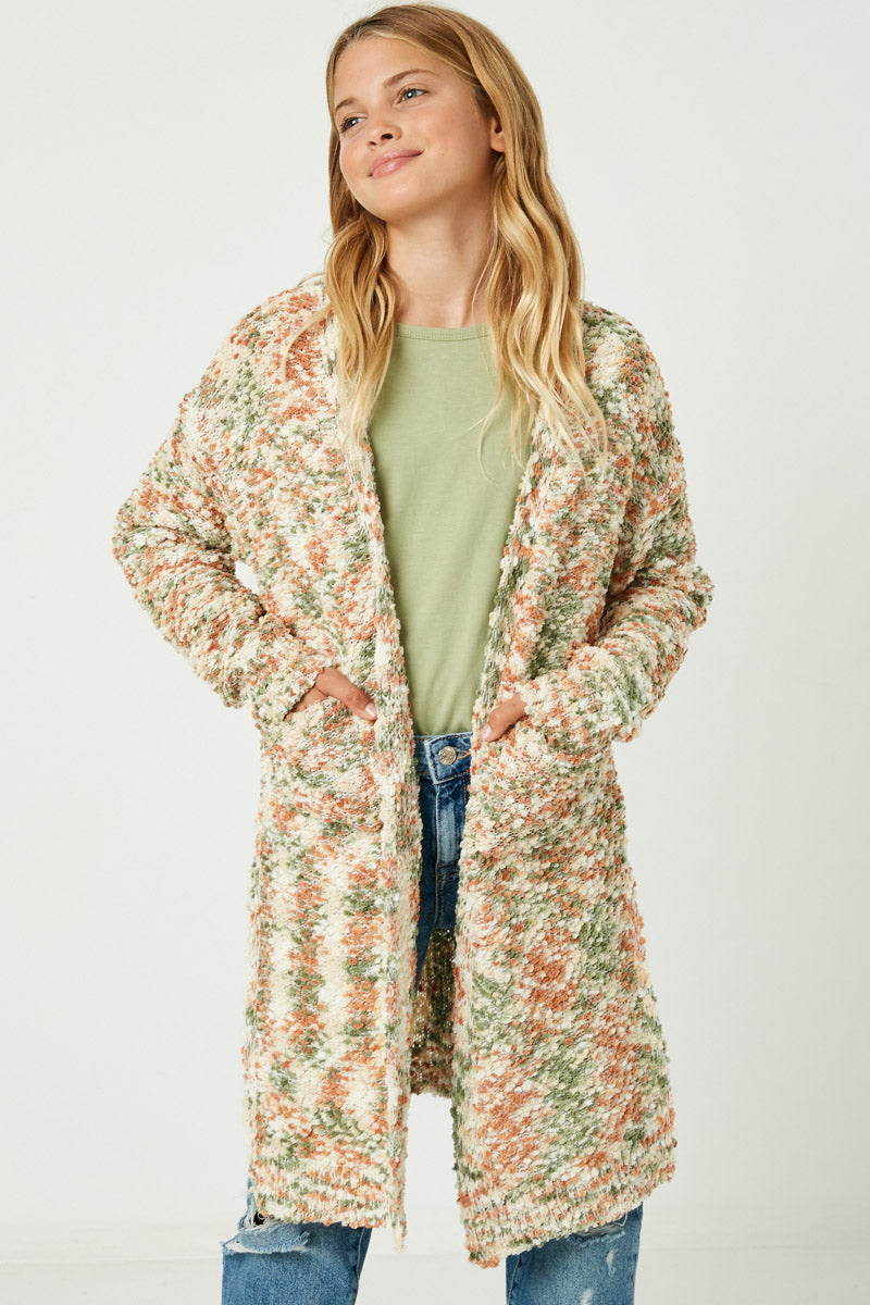 GY1269 Popcorn Knit Sweater Long Cardigan Olive Pose