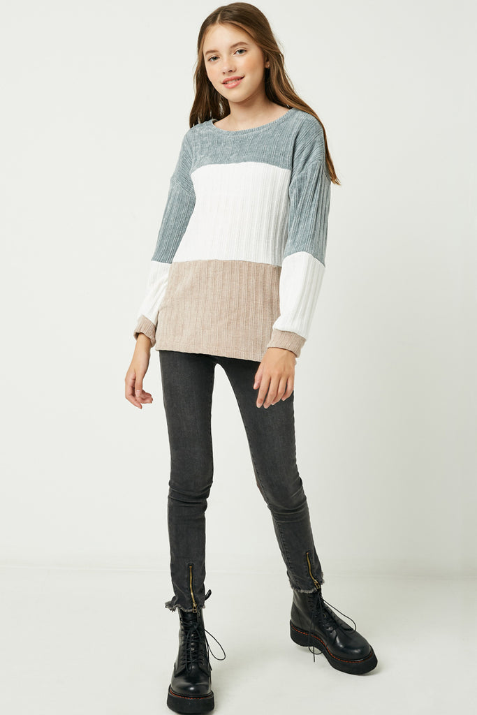 GY1297 CREAM MIX Girls Chunky Knit Colorblock Top Full Body