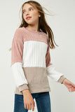 GY1297 MAUVE Girls Chunky Knit Colorblock Top Front