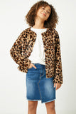 GY2050 Leopard Girls Leopard Print Faux Fur Open Jacket Front