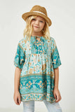 GY2451 Teal Girls Tie Neck Border Print Tunic Front