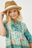 GY2451 Teal Girls Tie Neck Border Print Tunic Detail