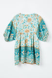 GY2451 Teal Girls Tie Neck Border Print Tunic Back Flat