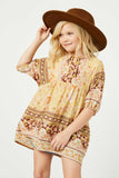 GY2451 Yellow Girls Tie Neck Border Print Tunic Front