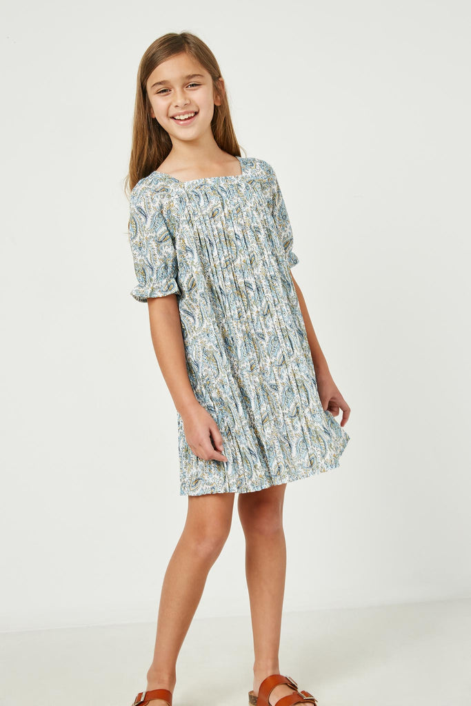 GY2640 Blue Girls Square Neck Pleated Paisley Dress Front