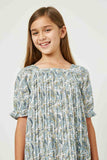 GY2640 Blue Girls Square Neck Pleated Paisley Dress Close Up