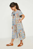 GY2672 Blue Mix Girls Floral Patchwork Tie Neck Maxi Dress Full Body