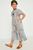GY2672 Blue Mix Girls Floral Patchwork Tie Neck Maxi Dress Pose