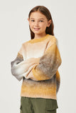 GY2738 MUSTARD Girls Engineered Stripe Puff Sleeve Round Neck Pullover Sweater Side