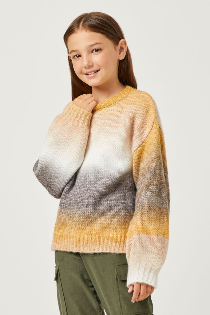 GY2738 MUSTARD Girls Engineered Stripe Puff Sleeve Round Neck Pullover Sweater Front