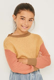 GY2743 MUSTARD Girls Colorblock Waffle Knit Sweater Front