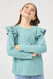 GY2837 MINT Girls Ruffled Long Sleeve Pocketed T Shirt Front